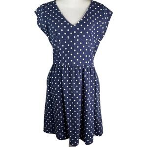Maison Jules French Terry V-Neck Fit and Flare Dress Polka Dot Navy Blue White L
